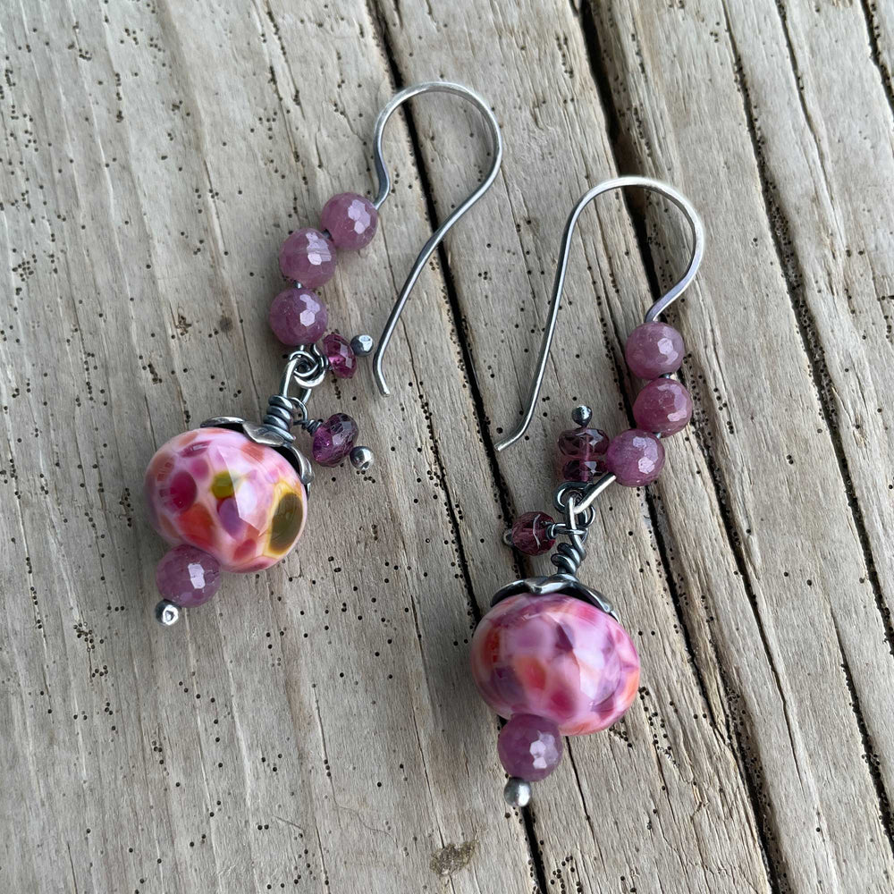 Pink Lampwork Bead Earrings with Rubies in Sterling Silver