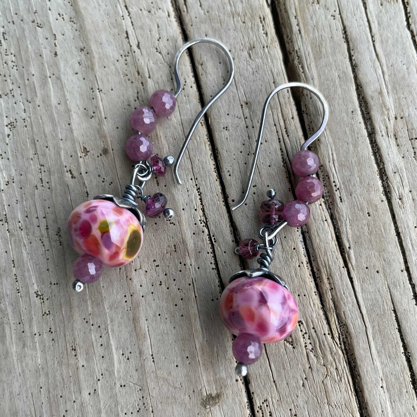 Pink Lampwork Bead Earrings with Rubies in Sterling Silver