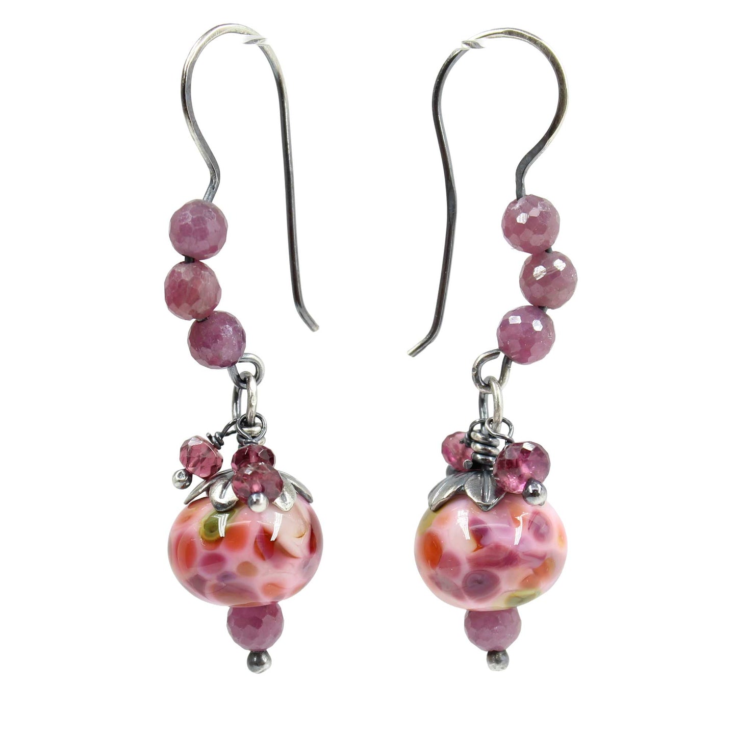 Pink Lampwork Bead Earrings with Rubies in Sterling Silver