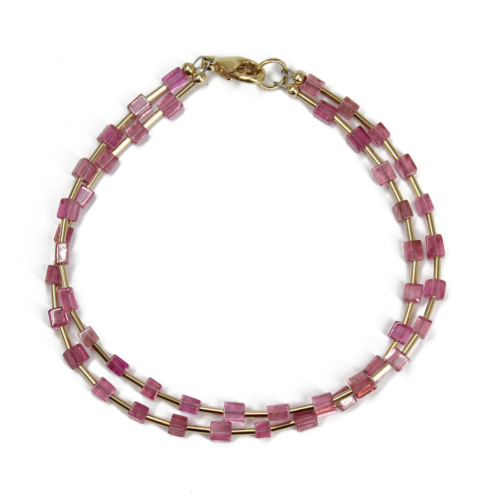 Pink Tourmaline Cube Bead Bracelet with Yellow Gold Filled Accents