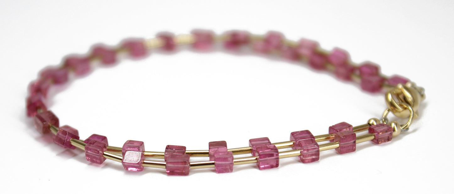 Pink Tourmaline Cube Bead Bracelet with Yellow Gold Filled Accents