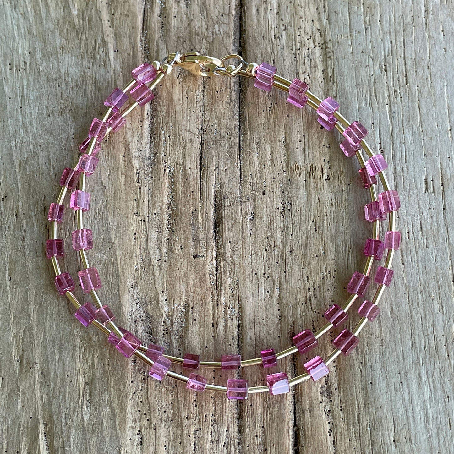 Pink Tourmaline Cube Bead Bracelet with Yellow Gold Filled Accents