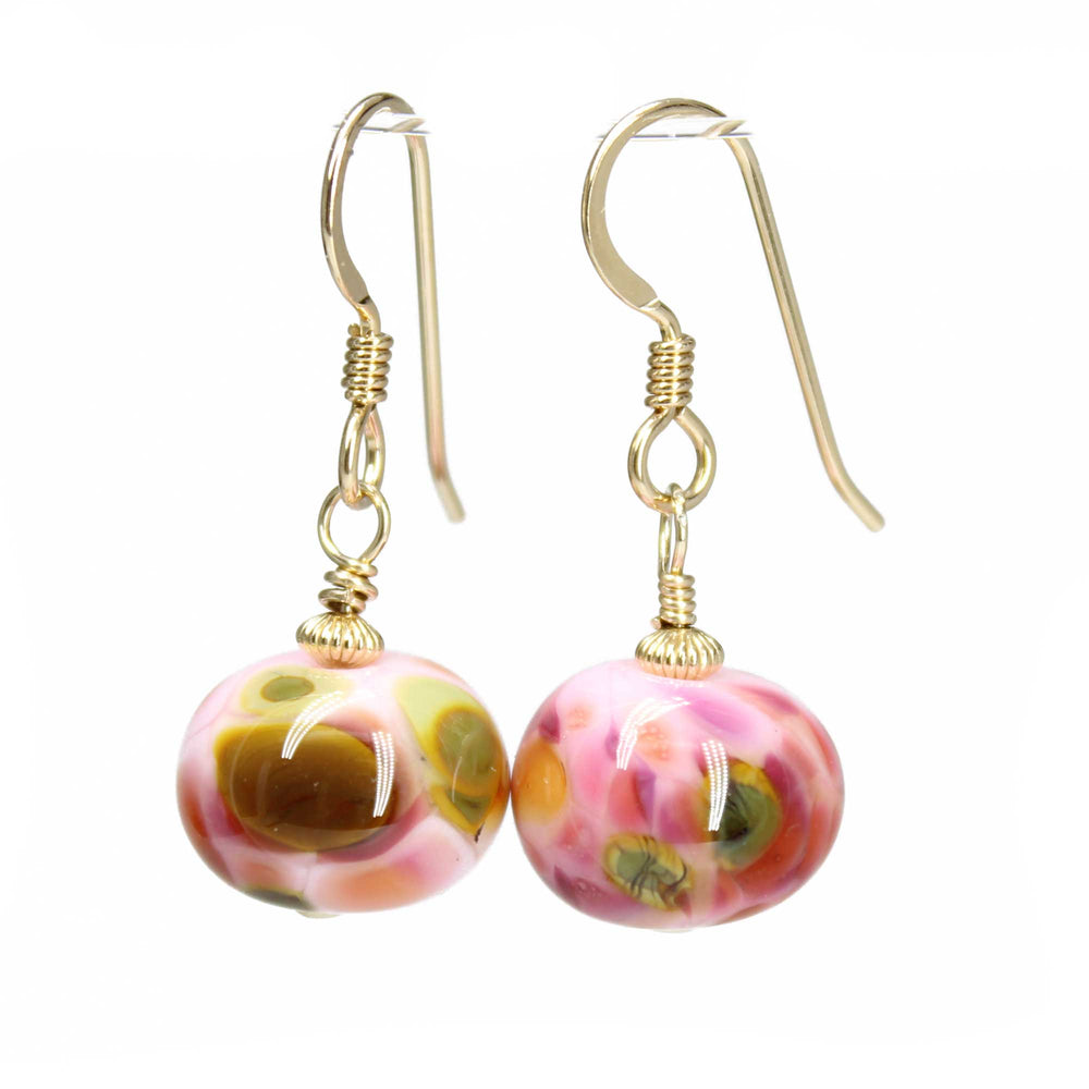 Pink Lampwork Bead Dangle Earrings in Yellow Gold