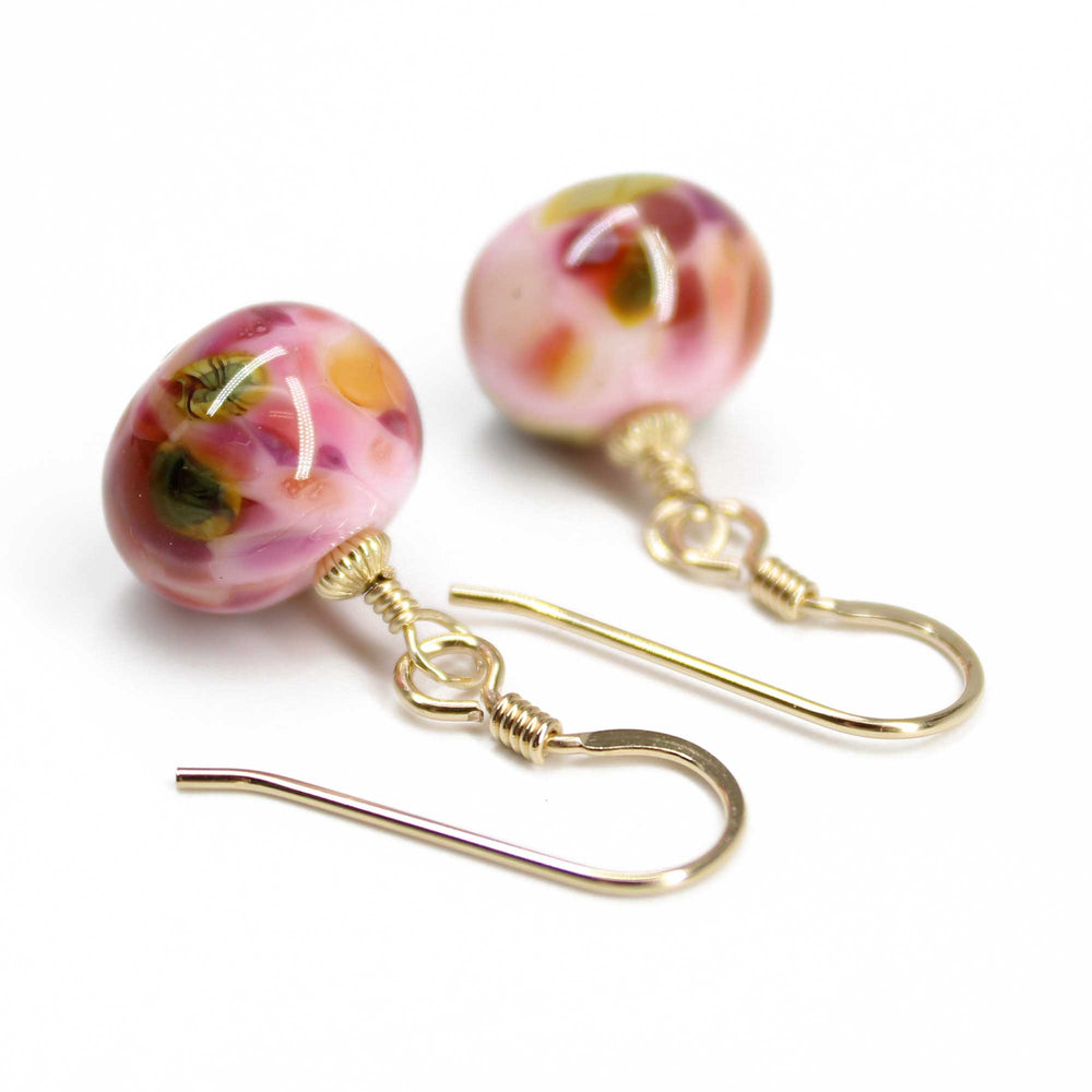 
                      
                        Pink Lampwork Bead Dangle Earrings in Yellow Gold
                      
                    