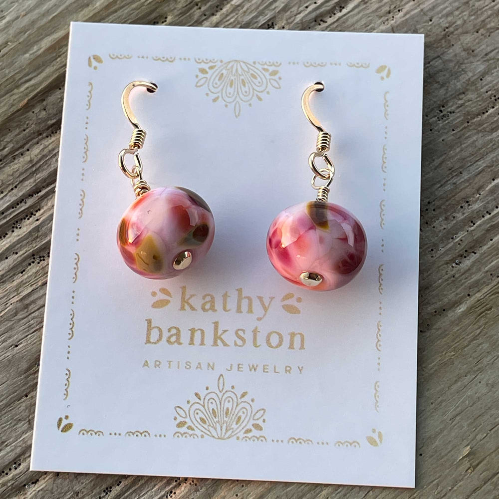 
                      
                        Pink Lampwork Bead Dangle Earrings in Yellow Gold
                      
                    