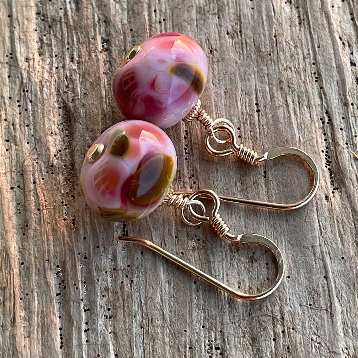 Pink Lampwork Bead Dangle Earrings in Yellow Gold