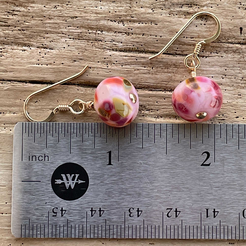 
                      
                        Pink Lampwork Bead Dangle Earrings in Yellow Gold
                      
                    