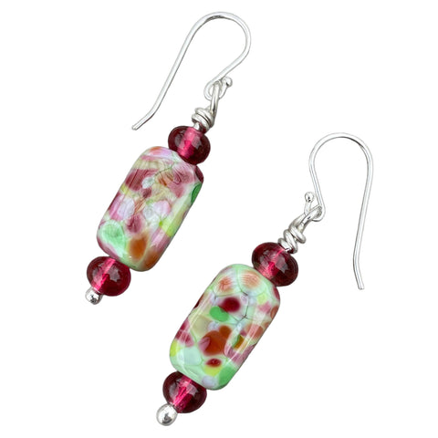 Pink and Green Lampwork Bead Dangle Earrings in Sterling Silver