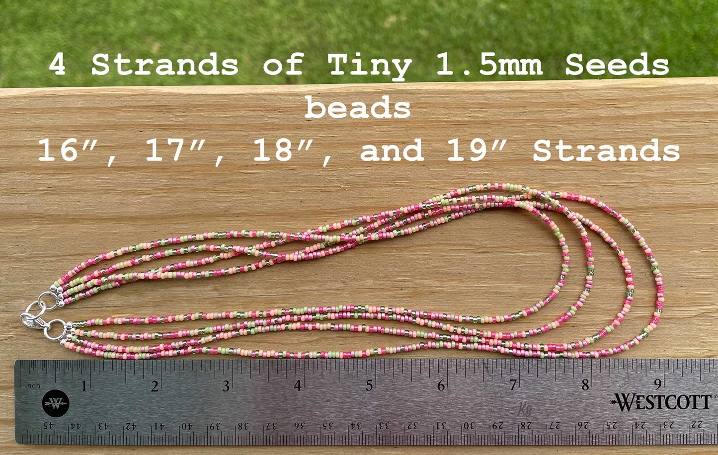 Multi Strand Pink and Green Seed Bead Necklace