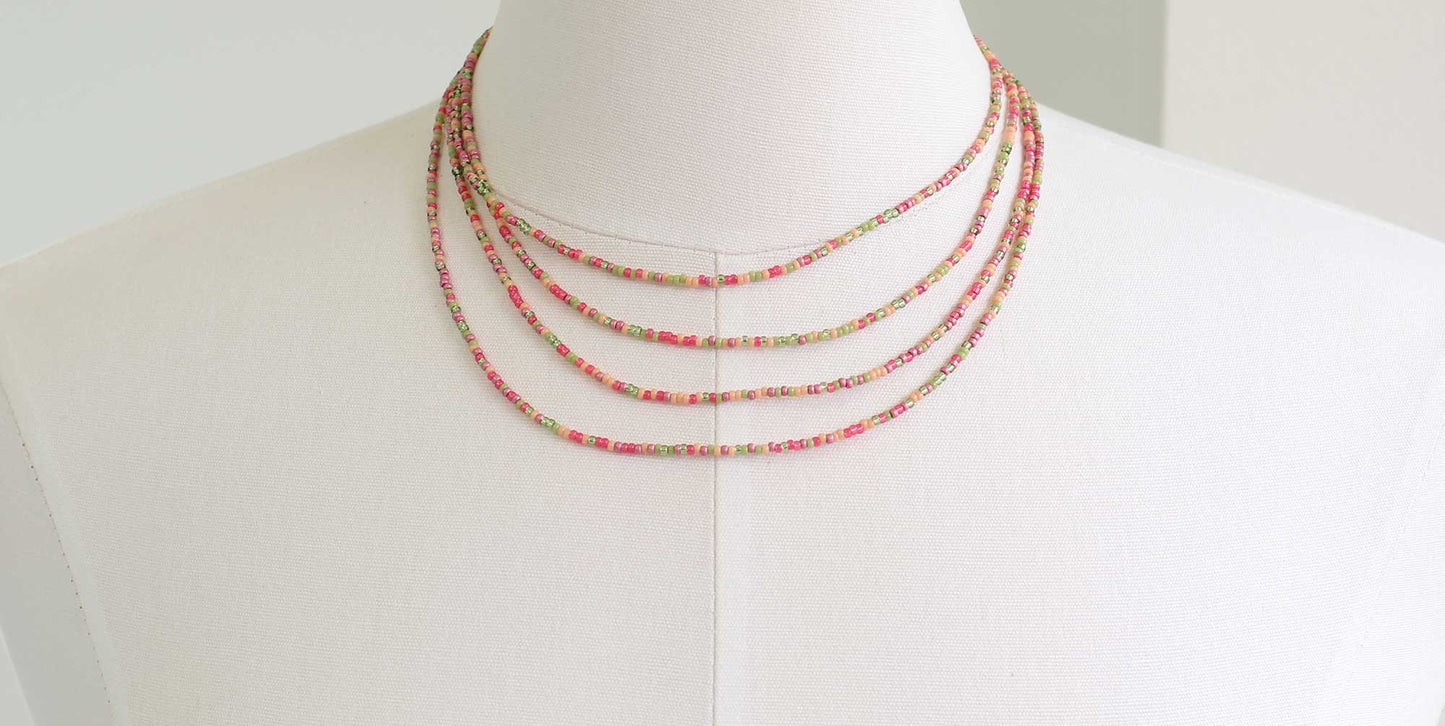 Multi Strand Pink and Green Seed Bead Necklace