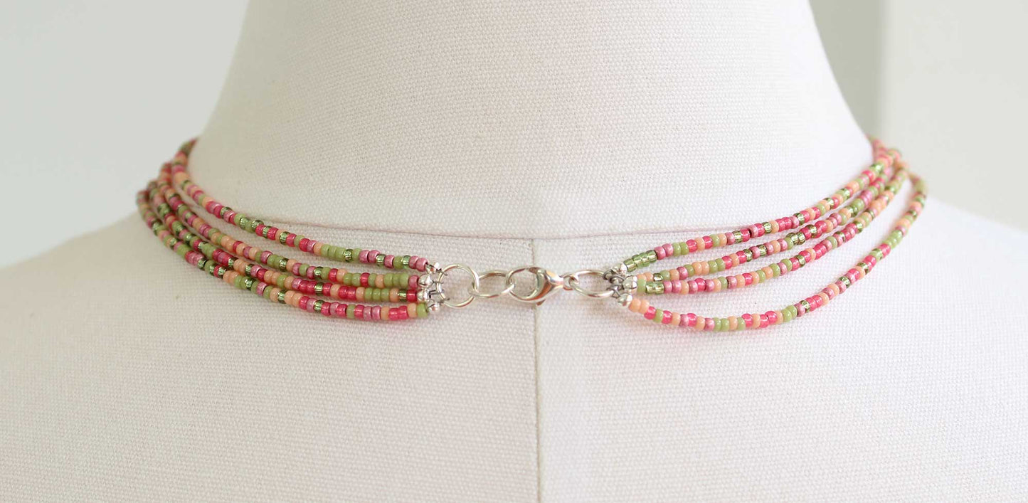 Multi Strand Pink and Green Seed Bead Necklace