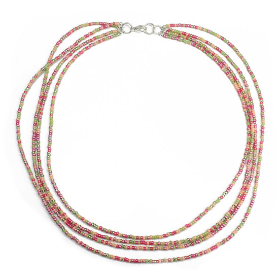 Multi Strand Pink and Green Seed Bead Necklace