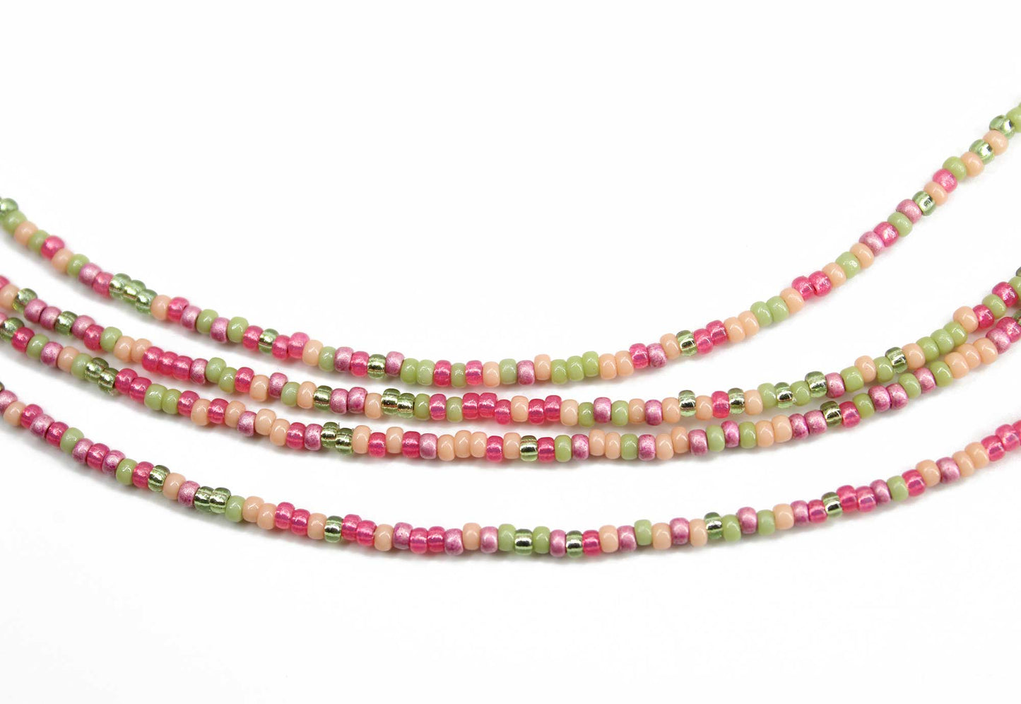 Multi Strand Pink and Green Seed Bead Necklace