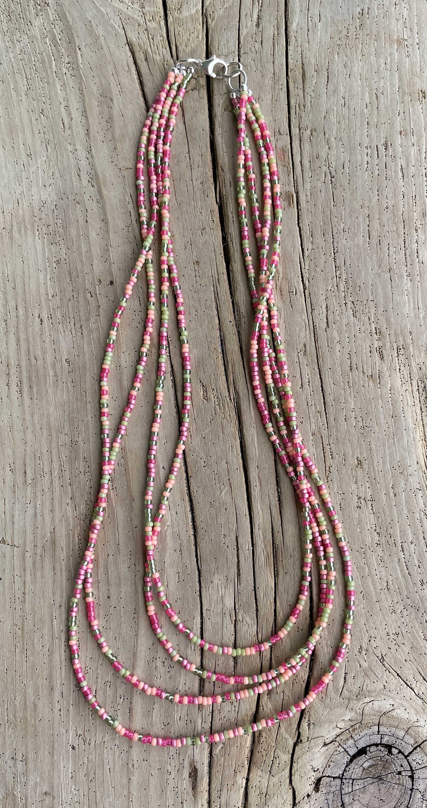 Multi Strand Pink and Green Seed Bead Necklace