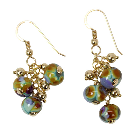 Purple Green Gold Lampwork Bead Dangle Earrings