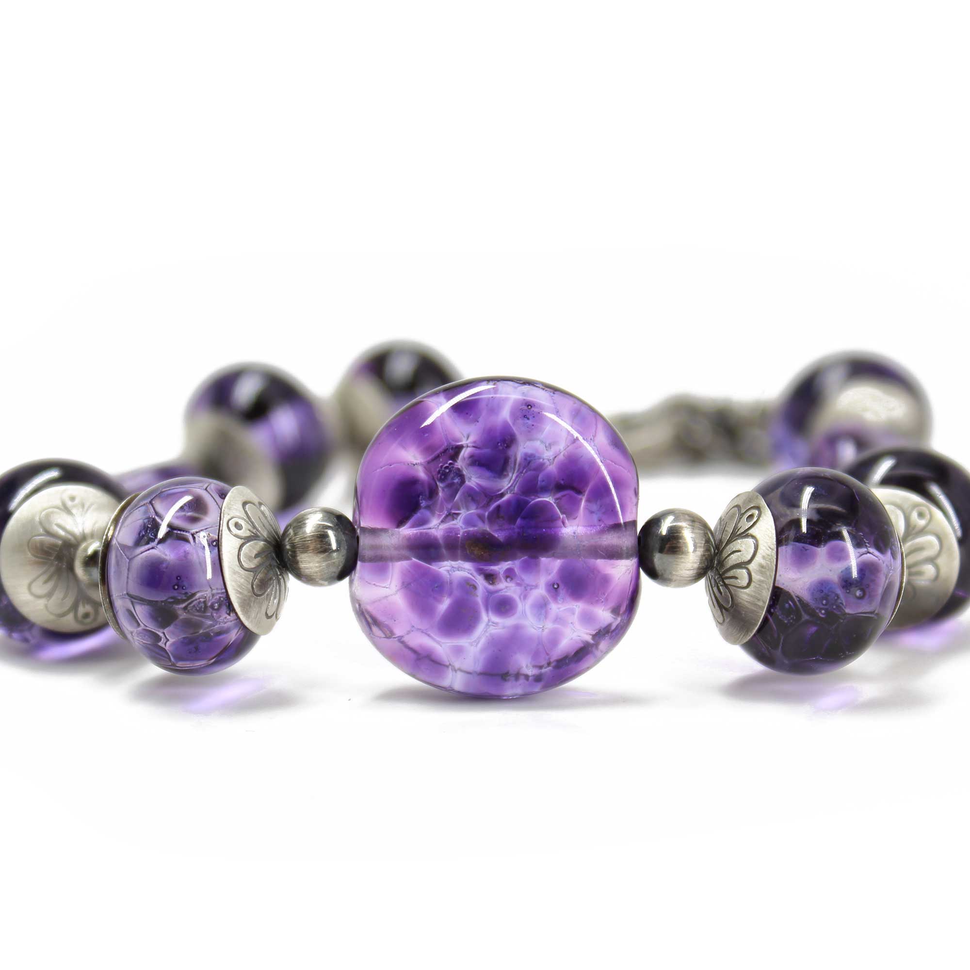 Purple Lampwork Bead Bracelet in Sterling Silver, Adjustable