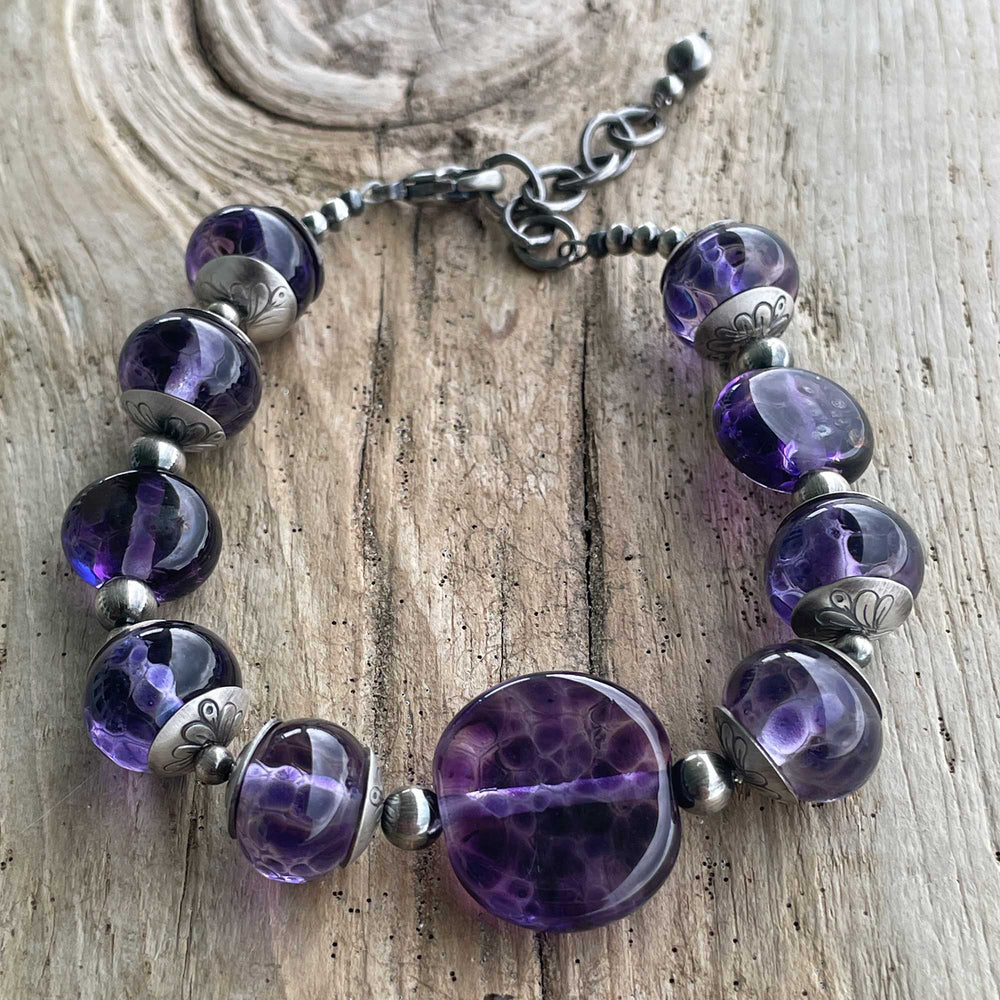 
                      
                        Purple Lampwork Bead Bracelet in Sterling Silver, Adjustable
                      
                    