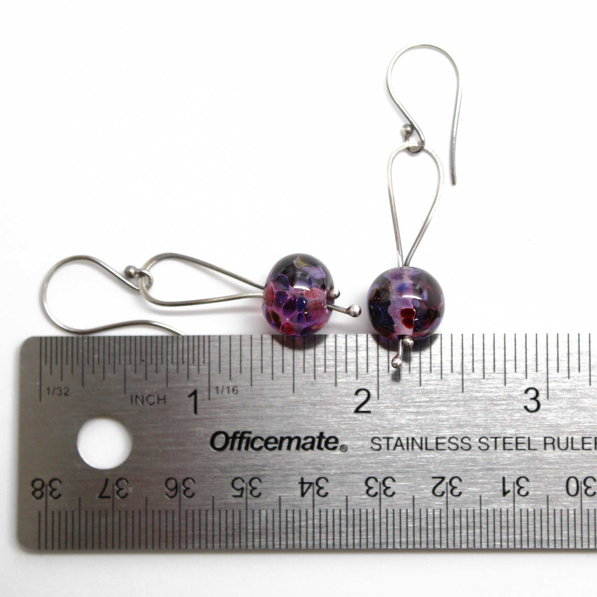 Lampwork Glass Frosted Disk Earrings hot in Purple with a Black Spacer and Sterling Silver