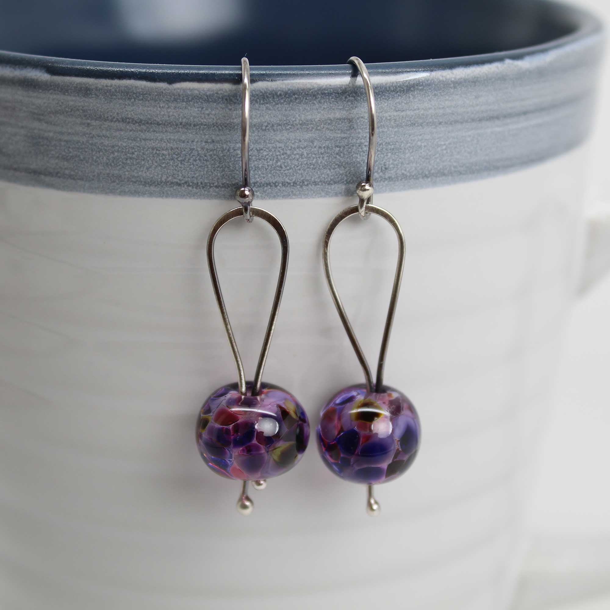 Lampwork Glass Frosted Disk Earrings in Purple with a Black Spacer top and Sterling Silver