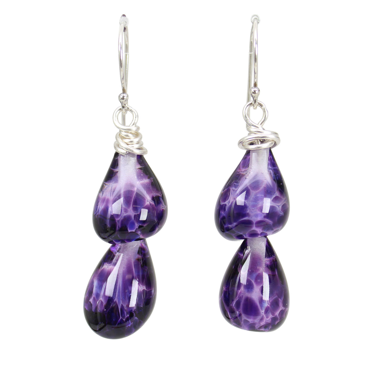 Purple Lampwork Glass Teardrop Earrings in Sterling Silver
