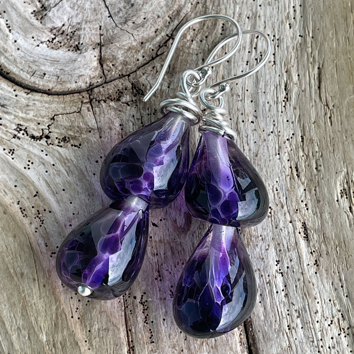 Purple Lampwork Glass Teardrop Earrings in Sterling Silver