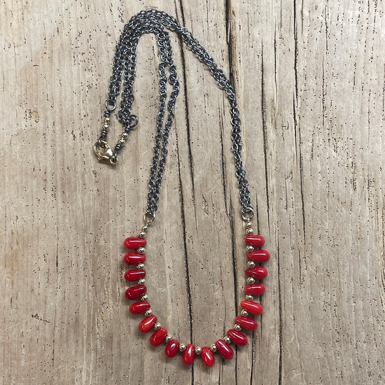 Load image into Gallery viewer, Red Coral and Gold Bead Necklace 17&amp;quot; Long
