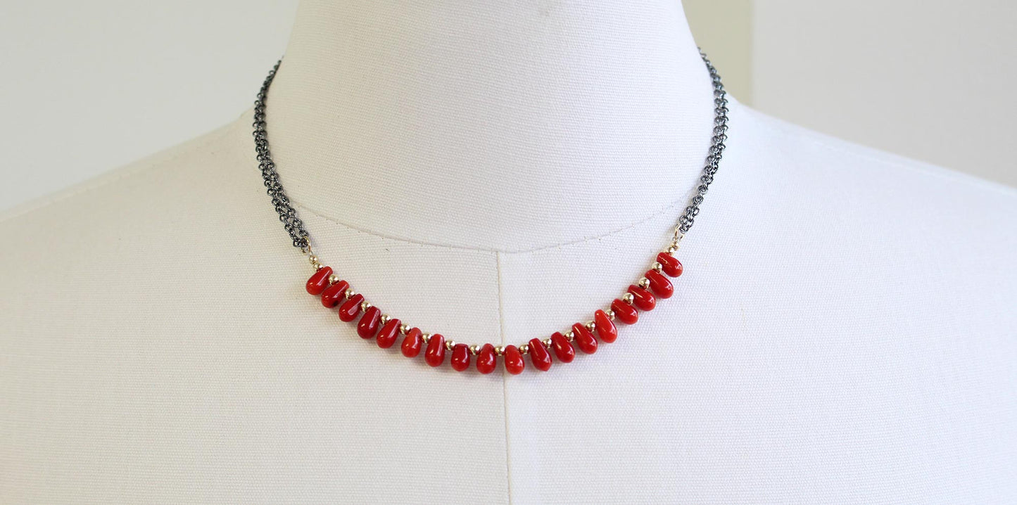 Red Coral and Gold Bead Necklace 