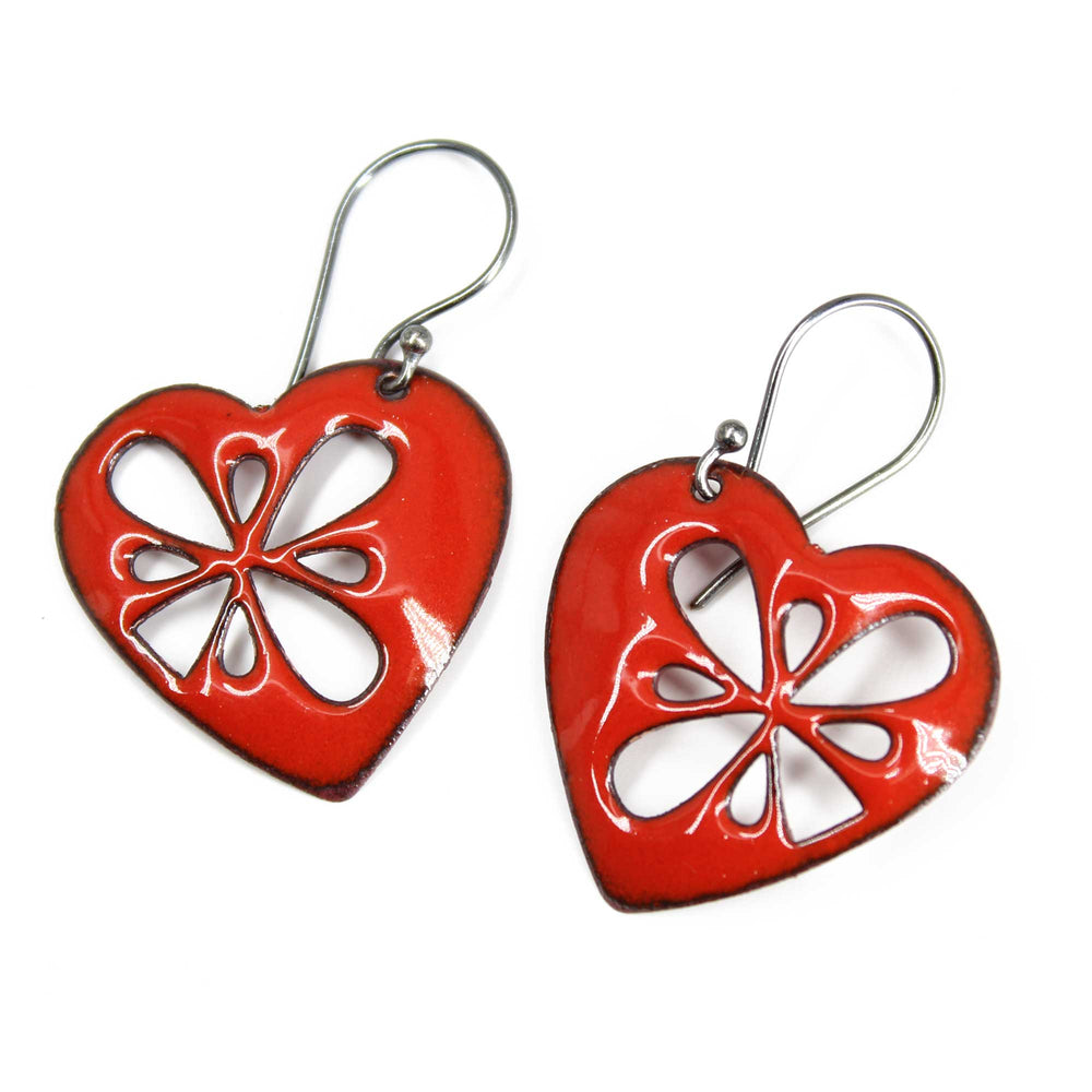 Handmade Red Enamel Heart Earrings