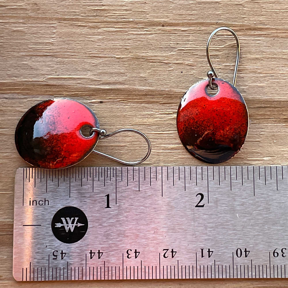 
                      
                        Red and Black Enamel Earrings, Oval Shape Dangle Style with Sterling Silver Wires

                      
                    