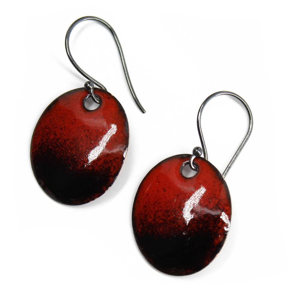 
                      
                        Red and Black Enamel Earrings, Oval Shape Dangle Style with Sterling Silver Wires

                      
                    