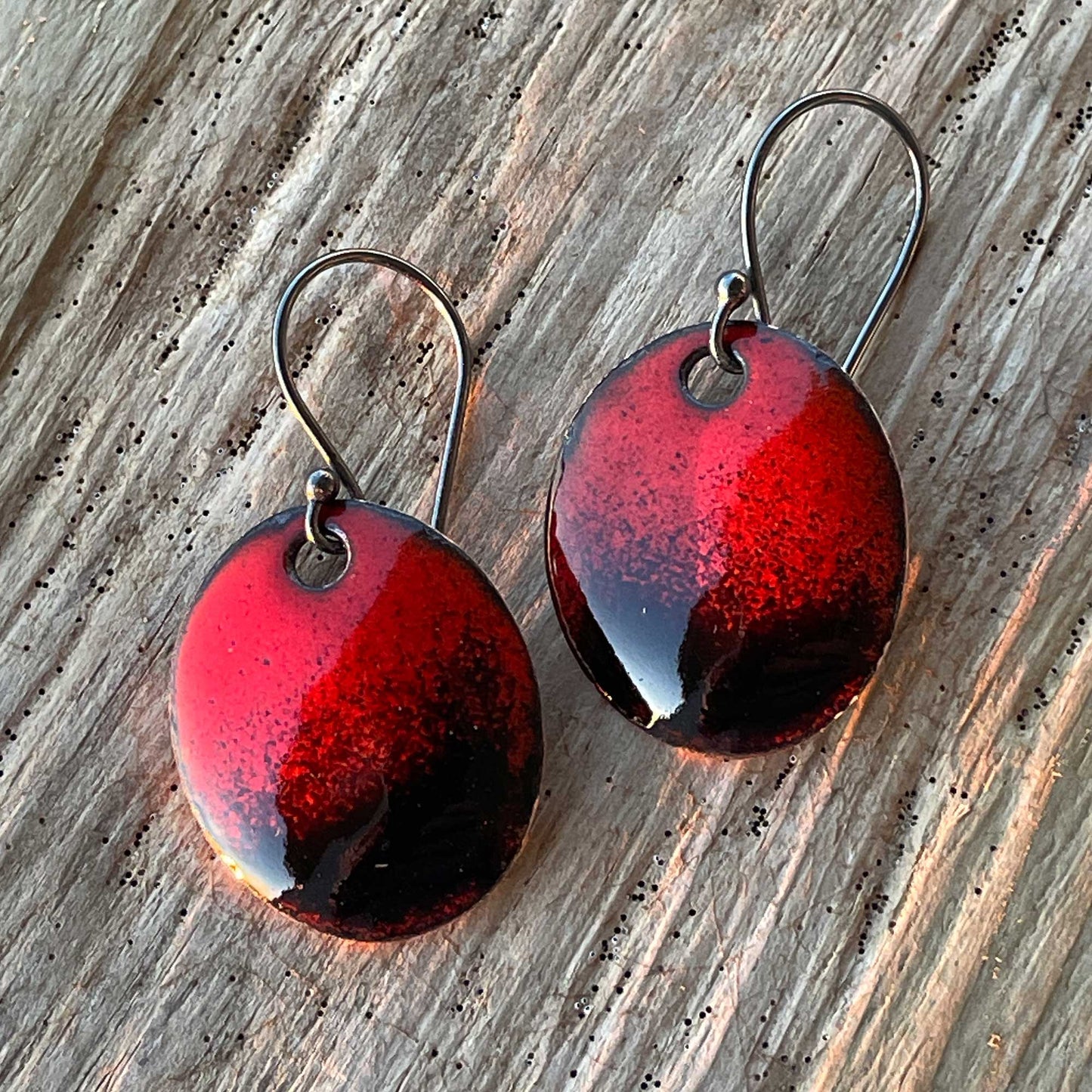 Red and Black Enamel Earrings, Oval Shape Dangle Style with Sterling Silver Wires
