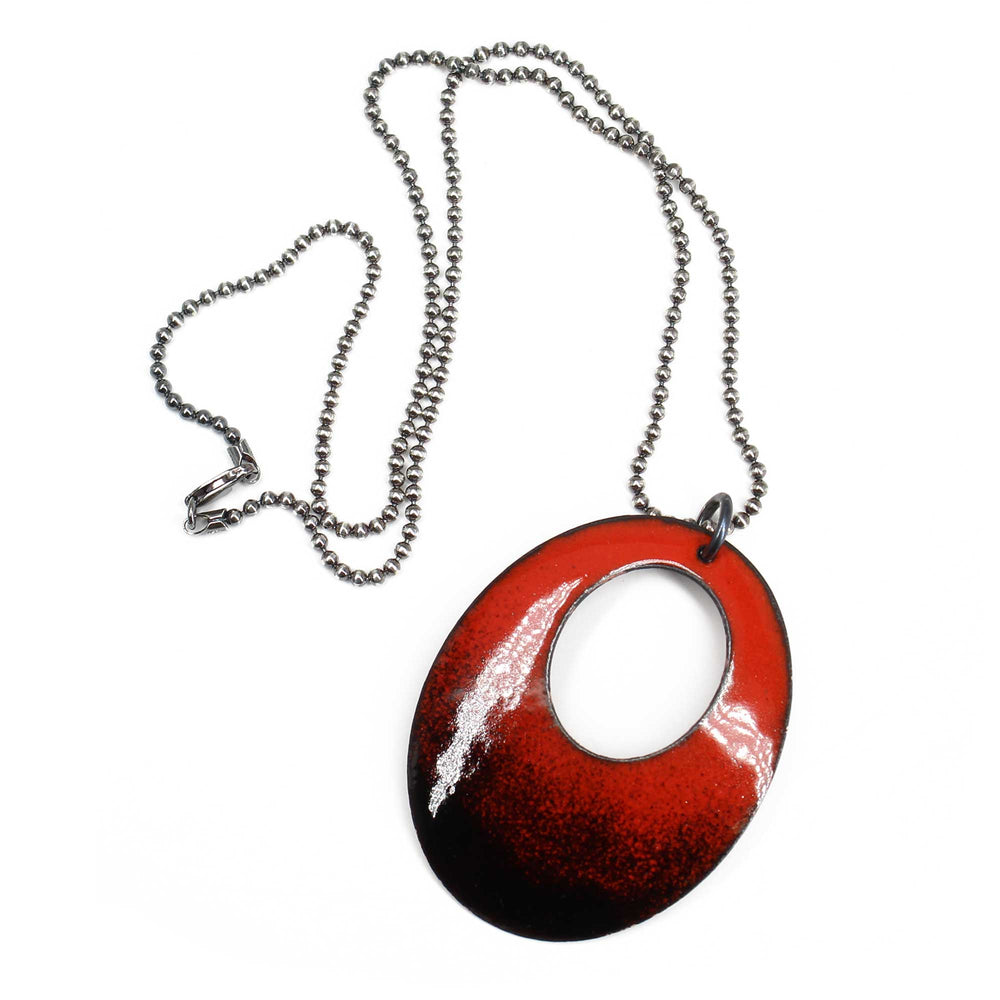 Red and Black Glass Enamel Oval Pendant Necklace