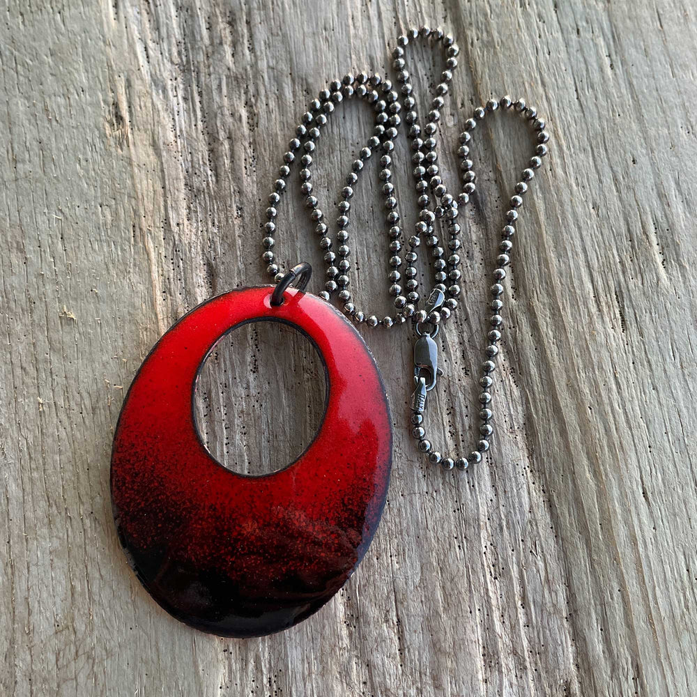 Red and Black Glass Enamel Oval Pendant Necklace