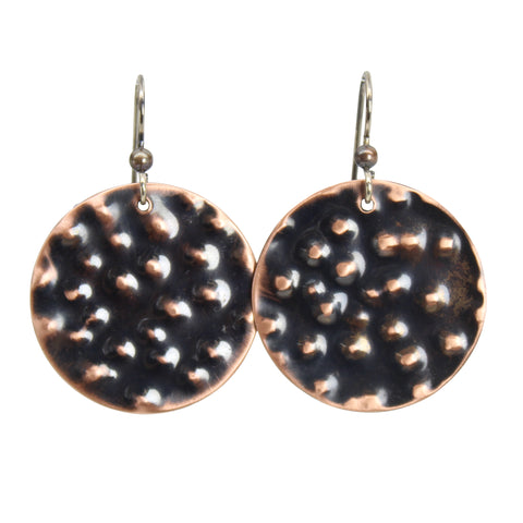 Round Textured Copper Disk Earrings with Sterling Silver Ear Wires