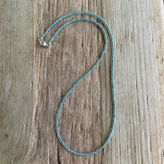 Sea Green Seed Bead Necklace, Thin 1.5mm Single Strand