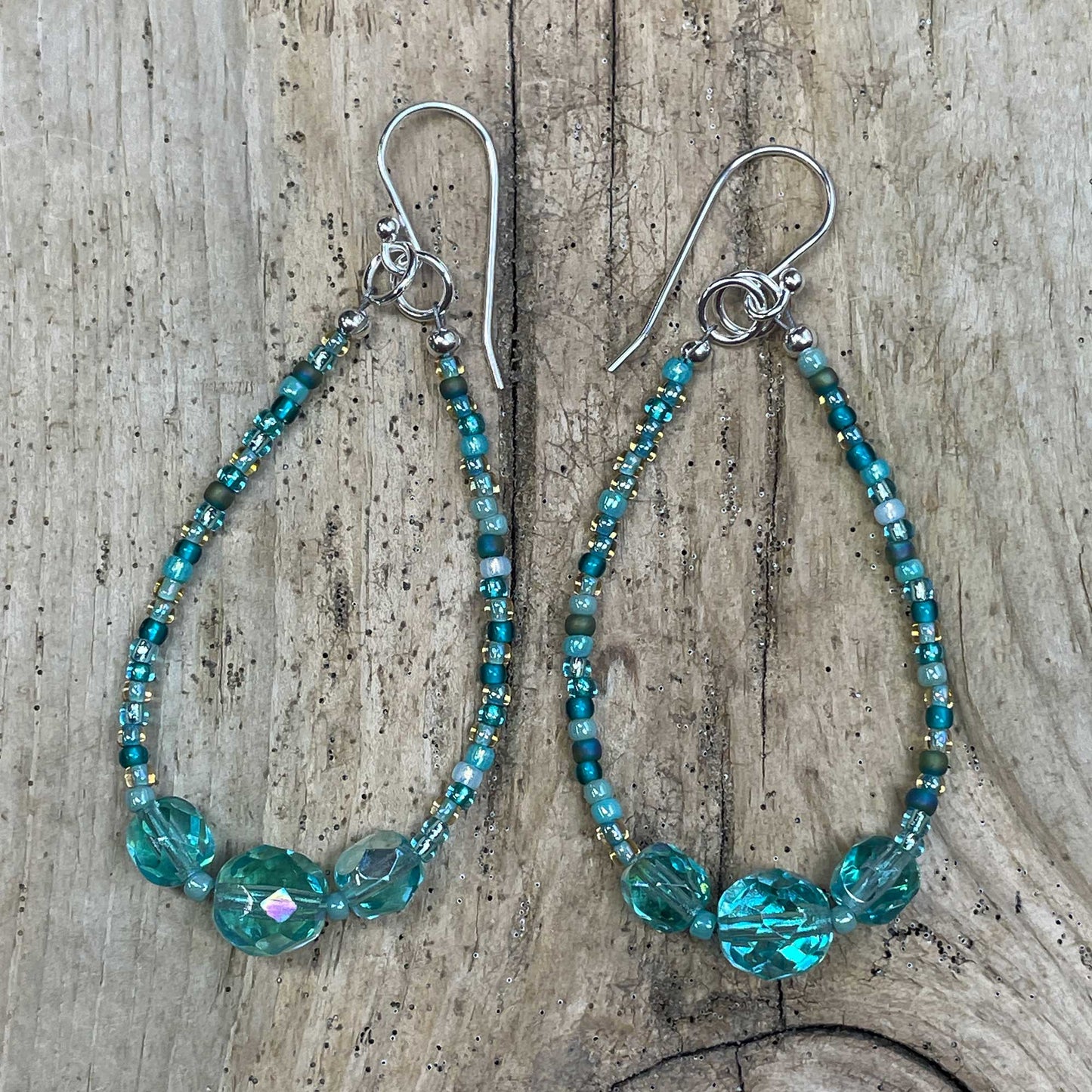Load image into Gallery viewer, Blue Green Seed Bead Earrings with Czech Crystal Accents
