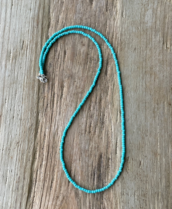 Turquoise Color Seed Bead Necklace, Thin 1.5mm Single Strand