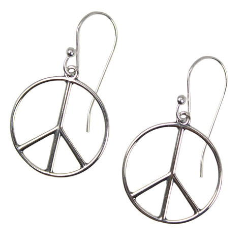 Silver peace sign earrings on a white background