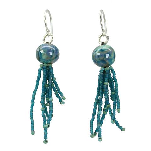 Teal Lampwork Glass Bead and Seed Bead Fringe Earrings
