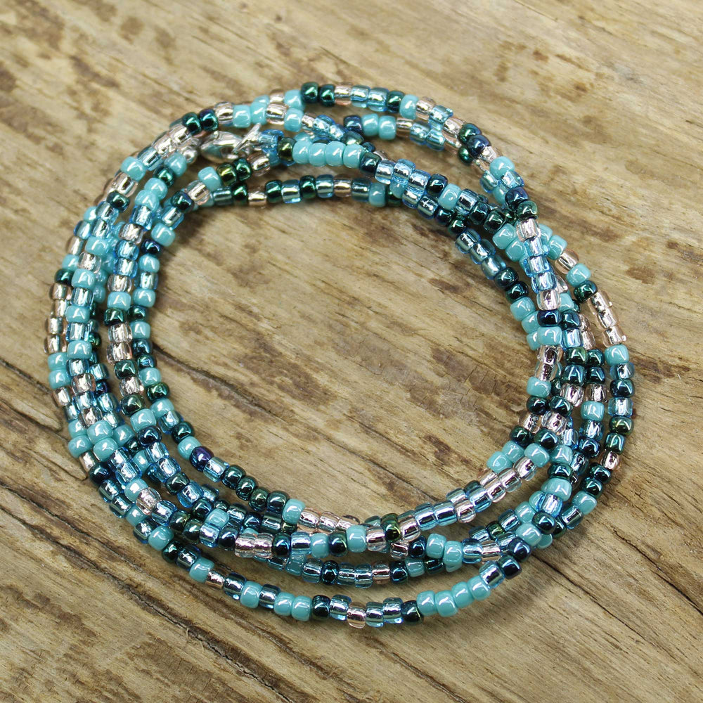 Blue Teal and Silver Seed Bead Necklace, Thin 2mm Single Strand
