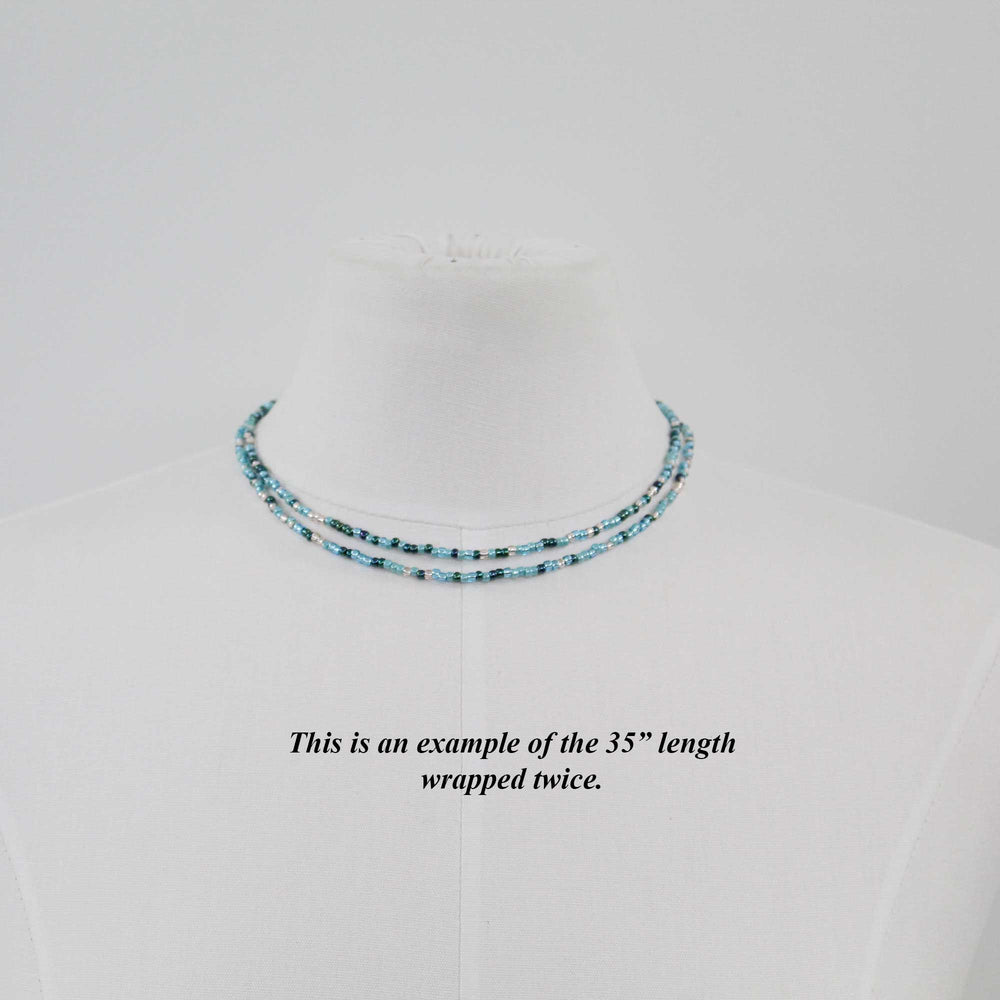 
                      
                        Blue Teal and Silver Seed Bead Necklace, Thin 2mm Single Strand
wrapped twice
                      
                    