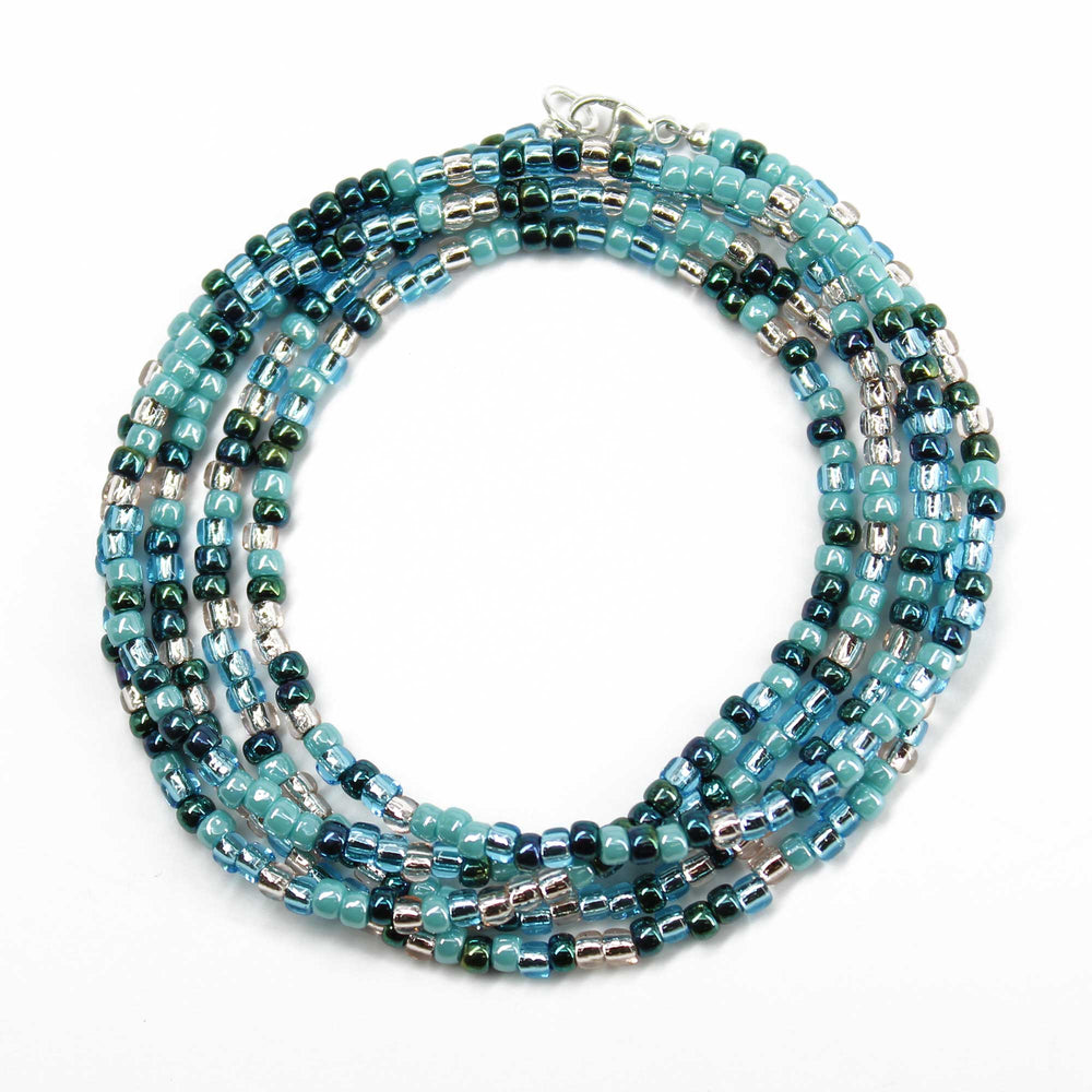 
                      
                        Blue Teal and Silver Seed Bead Necklace, Thin 2mm Single Strand

                      
                    