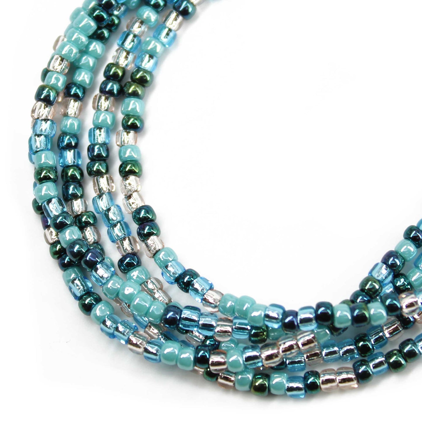 Blue Teal and Silver Seed Bead Necklace, Thin 2mm Single Strand
