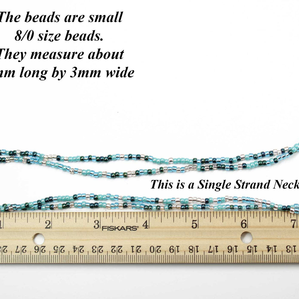 
                      
                        Blue Teal and Silver Seed Bead Necklace, Thin 2mm Single Strand

                      
                    