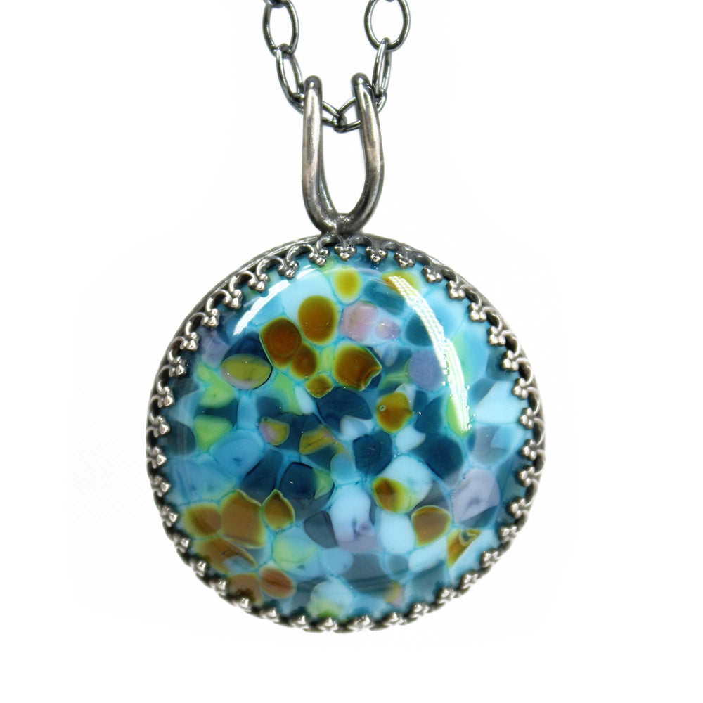 Blue and Teal Lampwork Glass Pendant Necklace in Sterling Silver 18