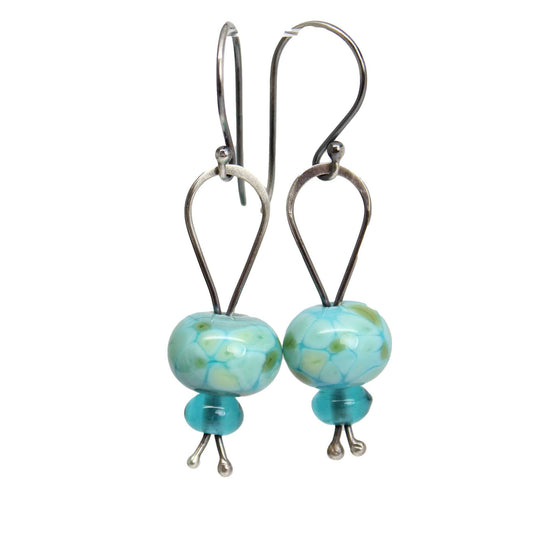 Turquoise Blue Green Lampwork Bead Dangle Earrings in Sterling Silver