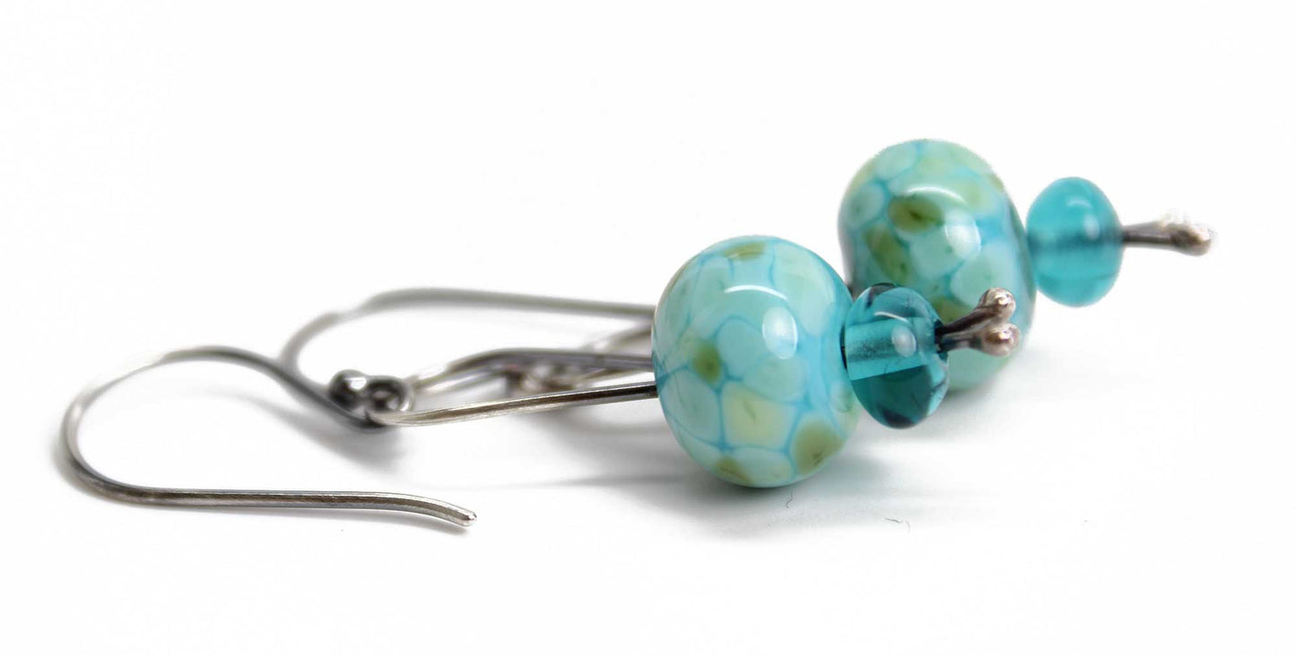 Turquoise Blue Green Lampwork Bead Dangle Earrings in Sterling Silver