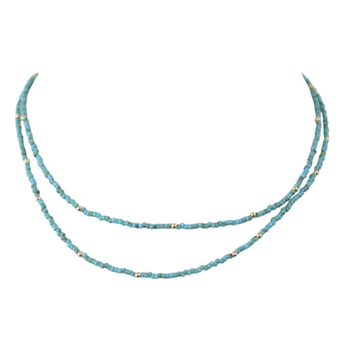Dainty Turquoise Seed Bead and Gold Filled Double Strand Necklace