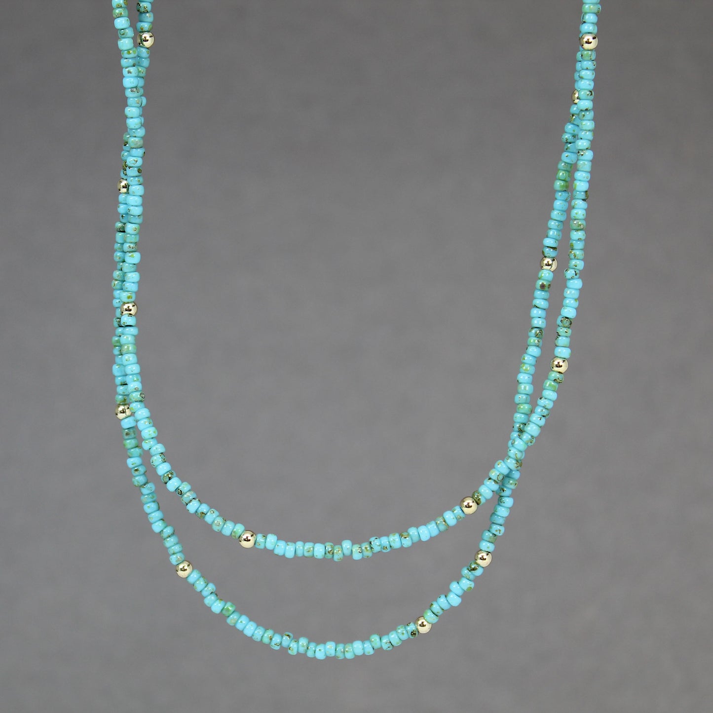 Dainty Turquoise Seed Bead and Gold Filled Double Strand Necklace