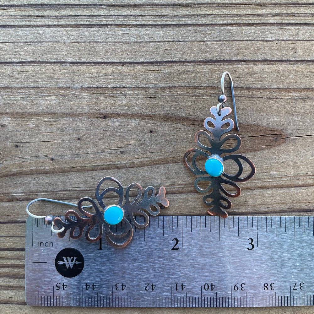 
                      
                        Copper and Turquoise Dangle Earrings 2" L x1" W

                      
                    